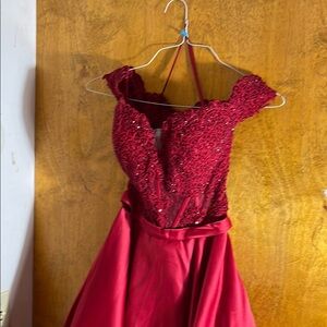 Elegant Red embroidered corset  and satin skirt Prom Dress